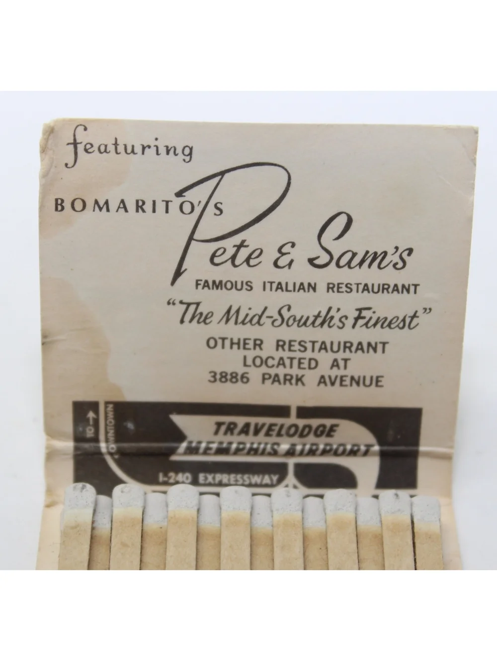 Vintage 60s Matchbook TraveLodge Memphis Airport Hotel Bomarito's Pete & Sam's